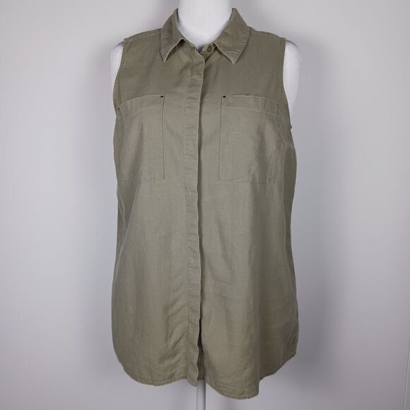 Dana Buchman Women's XXL Linen Blend Sleeveless Blouse Pockets Olive Casual Soft - Picture 4 of 8